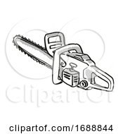 Poster, Art Print Of Chainsaw Or Chain Saw Power Tool Equipment Cartoon Retro Drawing