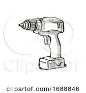 Poster, Art Print Of Portable Hand Drill Power Tool Equipment Cartoon Retro Drawing