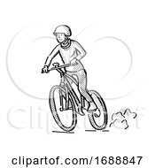 Poster, Art Print Of Female Cyclist Riding Electric Bicycle Cartoon Retro Drawing