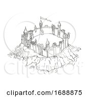Poster, Art Print Of Castle Or Fortress On Island Vintage Fantasy Map Cartoon Retro Drawing
