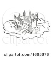 Castle Or Fortress On Island Vintage Fantasy Map Cartoon Retro Drawing