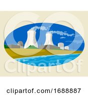 Poster, Art Print Of Nuclear Power Plant Smoke Stack Oval Retro