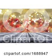 3D Christmas Background With Wooden Table Looking Out To Bokeh Lights