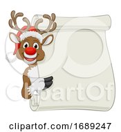 Poster, Art Print Of Santa Hat Reindeer Christmas Scroll Sign Cartoon