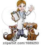 Poster, Art Print Of Cartoon Veterinarian Character With Cat And Dog