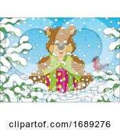 Poster, Art Print Of Bear With A Gift In The Snow