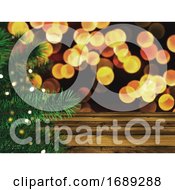 3D Christmas Tree Against A Wooden Table And Bokeh Lights Background
