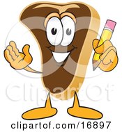 Clipart Picture Of A Meat Beef Steak Mascot Cartoon Character Holding A Pencil by Toons4Biz
