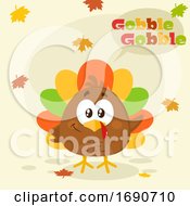 Cartoon Colorful Turkey Bird With Autumn Leaves