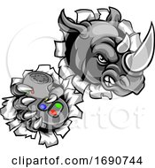 Poster, Art Print Of Rhino Gamer Holding Controller Mascot
