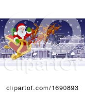 Poster, Art Print Of Santa Claus Sled Christmas Night Street Snow Scene