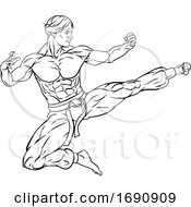 Poster, Art Print Of Kung Fu Karate Flying Kick Man Cartoon
