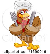 Poster, Art Print Of Chef Chicken Rooster Cockerel Knife Fork Cartoon