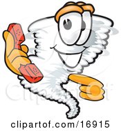 Clipart Picture Of A Tornado Mascot Cartoon Character Holding And Pointing To A Red Phone by Toons4Biz