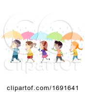 Poster, Art Print Of Stickman Kids Umbrella Rain Illustration