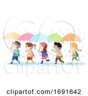 Poster, Art Print Of Stickman Kids Umbrella Rain Walk Illustration