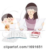 Poster, Art Print Of Kid Boy Mother Check Homework Illustration