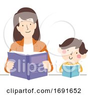 Poster, Art Print Of Kid Boy Mother Read Book Together Illustration