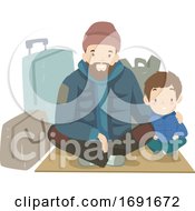 Kid Boy Dad Man Homeless Sitting Illustration