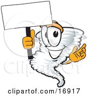 Poster, Art Print Of Tornado Mascot Cartoon Character Waving A Blank White Sign