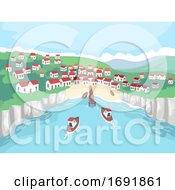Poster, Art Print Of Seaside Village Scene Boat Illustration