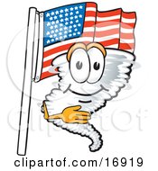 Tornado Mascot Cartoon Character Pledging Allegiance To An American Flag
