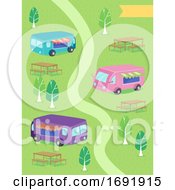 Food Trucks Path Benches Illustration