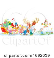 Poster, Art Print Of Santa Claus With Children Around His Sleigh