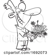 Poster, Art Print Of Cartoon Black And White Sweet Man Holding Flowers