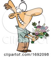 Cartoon Sweet Man Holding Flowers