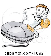 Tornado Mascot Cartoon Character Waving And Standing By A Computer Mouse