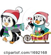 Poster, Art Print Of Christmas Penguins With A Sled