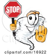 Tornado Mascot Cartoon Character Holding A Stop Sign