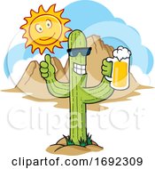 Cartoon Happy Cactus Drinking A Beer In The Desert