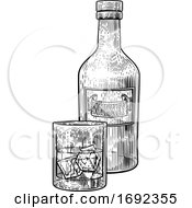 Whiskey Bottle And Glass With Ice Engraving Style