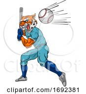 Tiger Baseball Player Mascot Swinging Bat At Ball