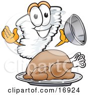 Tornado Mascot Cartoon Character Serving A Thanksgiving Turkey On A Platter