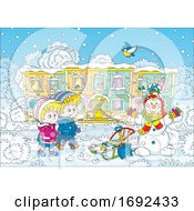 Poster, Art Print Of Children With A Sled And Snowman