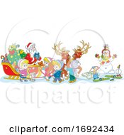 Poster, Art Print Of Santa Claus With Children Around His Sleigh