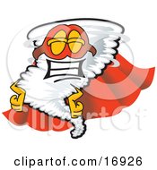 Tornado Mascot Cartoon Character In A Cape And Super Hero Mask