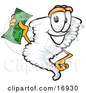 Tornado Mascot Cartoon Character Waving A Green Dollar Bill