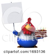 3d French Chicken Holding A Birthday Cake On A White Background by Julos