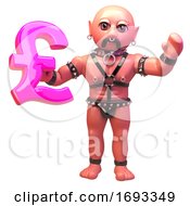 Cartoon 3d Gay Leather Fetish Man In Bondage Outfit Holding A Pink UK Pounds Sterling Symbol 3d Illustration