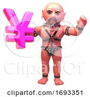 3d Cartoon Leather Gay Fetish Man In Bondage Outfit Holding A Pink Yen Or Yuan Symbol 3d Illustration
