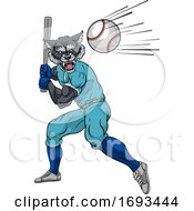 Wolf Baseball Player Mascot Swinging Bat At Ball