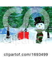 Poster, Art Print Of 3d Snowy Landscape With Snowman And Gift
