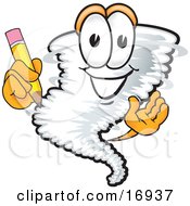 Tornado Mascot Cartoon Character Holding A Pencil