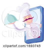 Poster, Art Print Of Male Chef Holding A Cloche Platter And Emerging From A Smart Phone