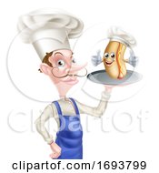 Cartoon Chef Holding Hot Dog On Tray by AtStockIllustration