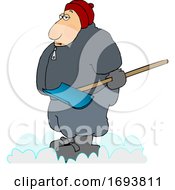 Cartoon Chubby Guy Holding A Snow Shovel